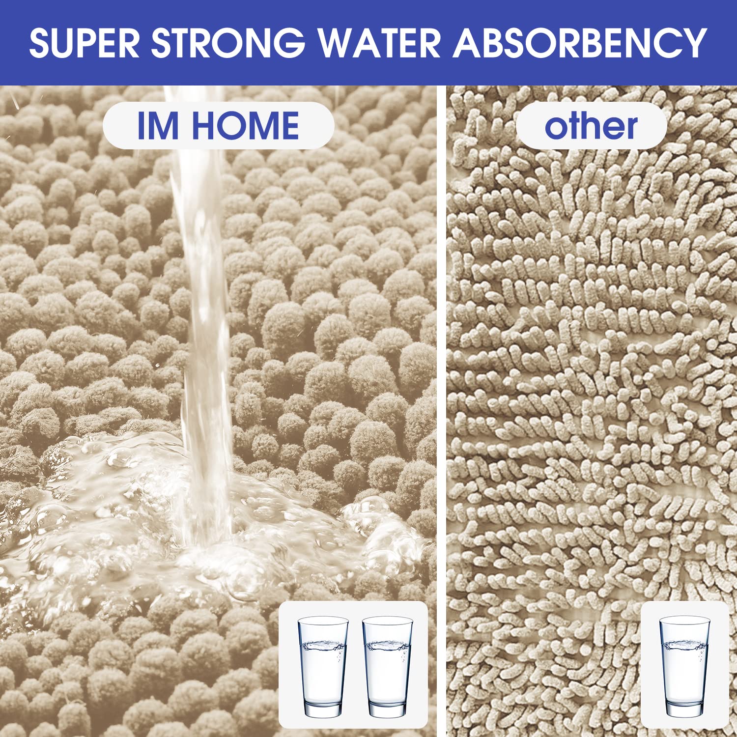 Accumtek Striped Beige Bathroom Rug Set 3 Pieces Ultra Soft, Non Slip Chenille Toilet Mat, Absorbent Plush Shaggy Bath Mats For